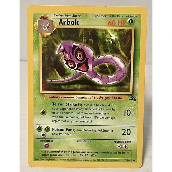 Arbok 31/62 Fossil Unlimited LP‎ Regular Uncommon Pokemon WOTC Vintage - Picture 1 of 12